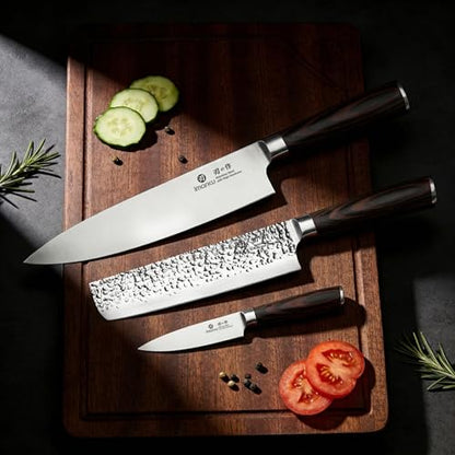 imarku 3 Pieces Knife set, Japanese HC Stainless Steel Kitchen Knife Set, Professional Chef Knife Set With Ergonomic Pakkawood Handle, Ultra Sharp Knives Set for Kitchen & Home Cooking, Gifts Box - color: Red-brown