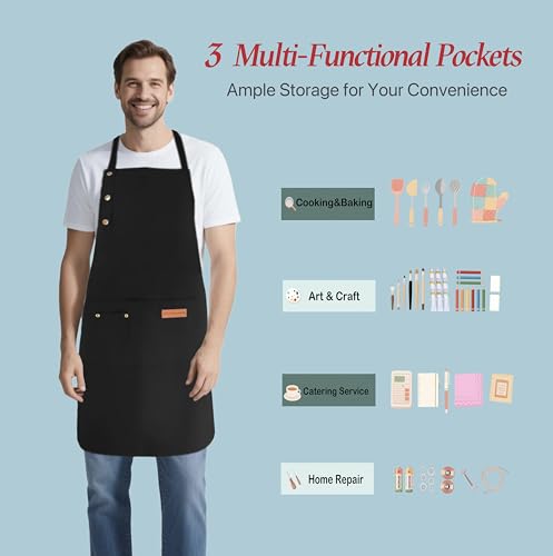 Kitchen Cooking Apron for Women Men Water-Resistant Artist Barista Baking Craft Catering Work Bib with Large Pockets - color: Beige