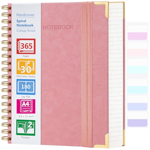 Spiral Notebook, 365 Page Hardcover College Ruled Notebook, 8.5" x 11", Large Leather Notebook Journal for Men Women, A4 Notebooks for Work School Notes, Journals for Writing, 24pcs Index Tabs, Pink - color: Pink, size: 8.5" x 11"