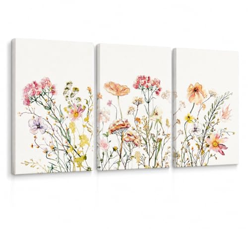 MTFBWY Floral Nursery Wall Art Set of 3, Wildflower Botanical Canvas Prints, Pink Sage Green Watercolor Flower Pictures for Baby Girl Bedroom Decor, 12x16 Inch Gallery Wrapped - color: Floral Nursery, size: 12x16 Canvas