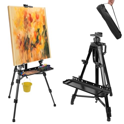Art Easel Aluminum Alloy Portable Extendable Easel with Hand Crank Adjustable to 61.8 '' Drawing Board Holder, Compass, Level and Storage Bag -for Artists, Painters, Sketching, Outdoor Painting - style: Black