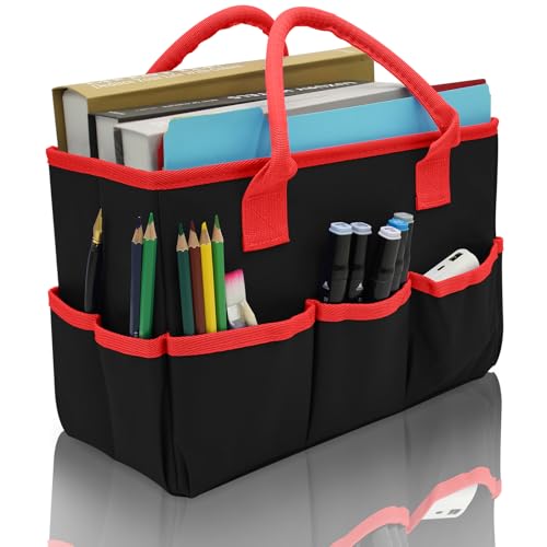 Cupohus Art Organizer Craft Storage Tote Bag with Pockets and Hadles, Oxford Fabric Carrying Caddy for Teacher, Officer, Artist, Students, Traveler, and more – Black with Red Edge - color: Black