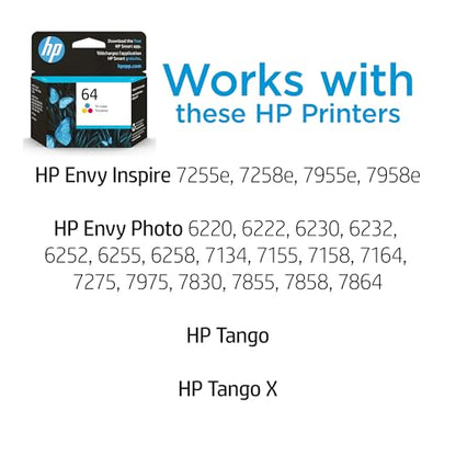 HP 64 Tri-Color Ink Cartridge | Works with Envy Inspire 7950e; Envy Photo 6200, 7100, 7800; Tango Series | Eligible for Instant Ink | N9J89AN - style: CMY
