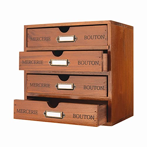 Wooden Storage Box with 4 Drawers Vintage Office Supplies and Accessories Letter Tray Wood Desktop School Supply Organizer Library Card Catalog Cabinet with Lables Rustic Jewelry Box (BROWN) - color: BROWN-SMALL
