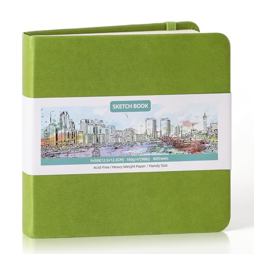 Prudiut 5" x 5" Hardcover Pocket Sketchbook, 80 Sheets, Emerald Green | 160gsm acid-free paper, elastic closure, ribbon bookmark, compact travel size for sketching on the go - color: Emerald Green