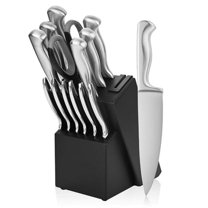 15-Piece Stainless Steel Chef Kitchen Knife Sets with Block & Built-In Sharpener, Professional Chef Knife Sets with Scissors, Steak Knives - color: Silver