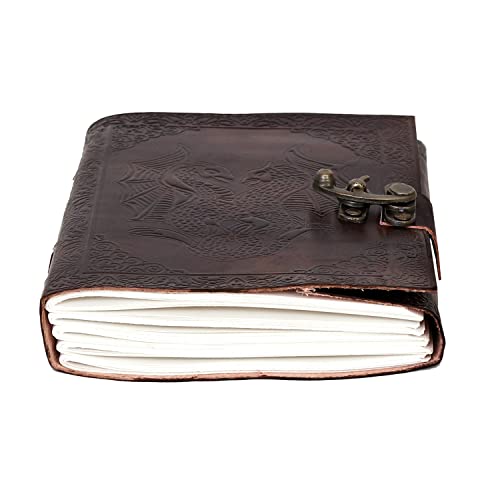 AzureGreen DOUBLE DRAGON Blank Page BOOK Handcrafted Leather Writing Unlined 5 x 7 JOURNAL (Brown With Claps) - color: Brown With Claps