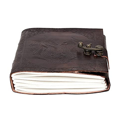 AzureGreen DOUBLE DRAGON Blank Page BOOK Handcrafted Leather Writing Unlined 5 x 7 JOURNAL (Brown With Claps) - color: Brown With Claps