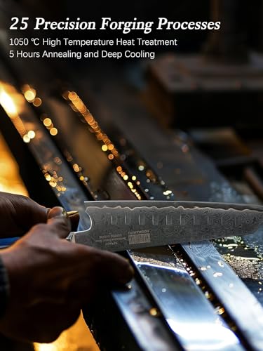 HOSHANHO Damascus Santoku Knife 7 Inch, 67-Layer Damascus Steel Chef Knife, Ultra Sharp Professional Kitchen Knives with Ergonomic Blue Resin Stabilized Wood Handle and Wood Gift Box - size: 7"