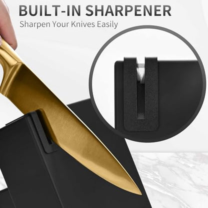 15-Piece Gold Kitchen Knife Block Set with Sharpener, Stainless Steel Knives Set for Kitchen, Chef Gold Kitchen Knife Sets with Scissors, Steak Knives - color: Gold