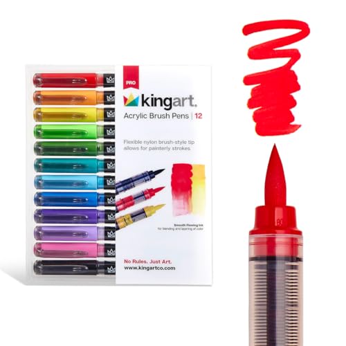 KINGART Acrylic Paint Markers Brush Tip, 12 Vibrant Colors. Water-based, no-bleed, waterproof pens with automatic ink control for rock, egg, wood, fabric, glass & DIY crafts - color: Bright