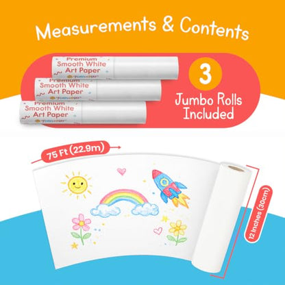 Art Paper Roll Refills – 12" x 75 ft (3-Pack) – Replacement Paper Rolls for Kids’ Art Tables, Easels & Craft Stations – Smooth White Drawing Paper – 7 Days of Play - color: Art Paper Roll