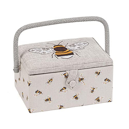 Hobby Gift Medium Sewing Box Organiser, Fabric Covered Storage Box with Handle, Internal Tray, Pin Cushion and Pocket for Sewing, Quilting and Knitting Supplies - color: Bees