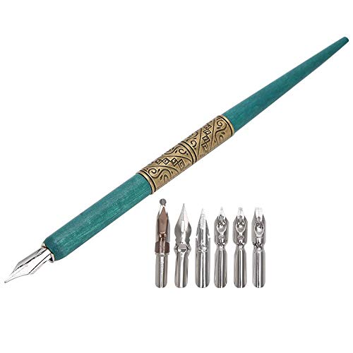 Calligraphy Oblique Nib Pen Point Holder, English Calligraphy Pen Nib Holder Antique Copperplate Script Handed Dip Pen + 6 Flat Nibs(2)