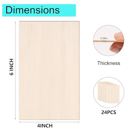 24 Pack Basswood Sheets 4x6 x 1/16 Inch Thin Plywood Balsa Wood Sheets Unfinished Wood Squares Boards Balsa Wood Sheets for Crafts Laser Cutting Wood Burning and Drawing (4 x 6 inch) - size: 4 x 6 inch