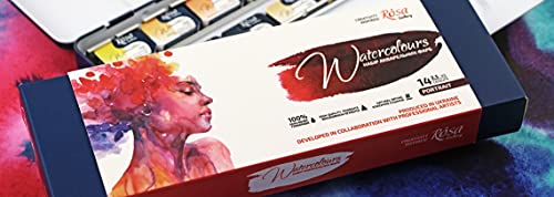 Rosa Gallery Watercolor Paint Set, 'Portrait' palette full pans 14 colors metal case, extra fine professional watercolours