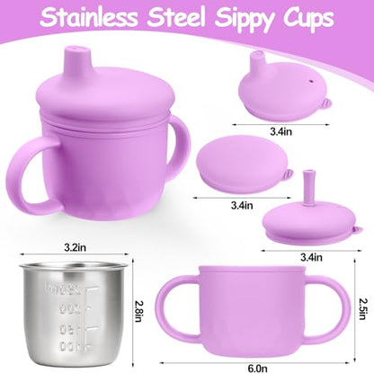 Mity rain 3-In-1 Stainless Steel Sippy Cup for 6+ Month Old, Baby Straw Cups for Toddlers 1-3 with Travel Lid, Silicone Straw, Replacement Straw & Cleaning Brush - 8oz Toddler Cups Spill Proof Set - color: Purple