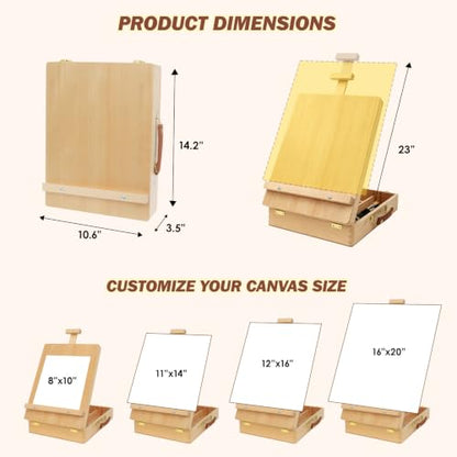 Tabletop Easel for Painting, Adjustable Beechwood Sketchbox with Large Capacity Storage, Portable Desktop Art Easel Stand, Travel Station with Detachable Shoulder Strap for Adults, Artists & Beginners