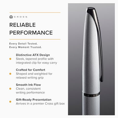 Cross ATX Brushed Chrome Fine Nib Fountain Pen - Refillable Pen for Smooth Writing - Black Ink - Comfortable Grip - Long-Lasting - Professional Office Supplies - Gift Box Included - color: Sandblasted Chrome, style: Fine Nib