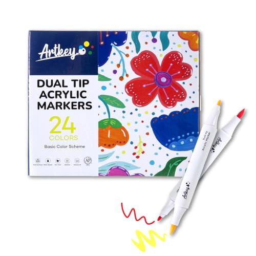 Artkey Acrylic Paint Markers 24 Colors, Dual Tip Acrylic Paint Pens with Brush and Fine Tips, Acrylic Markers Set for Rock Painting, Wood, Canvas, Glass, Ceramic, Stone, Fabric, Plastic, DIY Crafts - color: 24 Colors