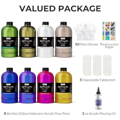 Nicpro 8 Colors 33.8 oz Large Bulk Iridescent Acrylic Pouring Paint Supplies Kit, Premixed High Flow Art Pour Paint with Silicone Pour Oil, Gloves, Tablecloths for Beginner DIY, Ready to Pour - color: Iridescent Color