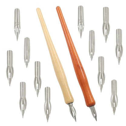 Hitefu 14 Pcs Wooden Dip Pens Set with Stainless Steel Pen nibs for Calligraphy, Manga, Writing, Drawing, Signing – Includes 2 Holders + 12 Assorted Nibs