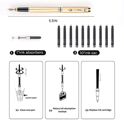 Tiankool Luxury Fountain Pen,Fine Nib, Exquisite Pen Gift Set for Men&Women-Includes 10 Ink Cartridges&Ink Converter- Nice Pens - Gold - color: Gold