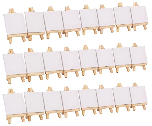 Tosnail 24 Pack 3" x 3" Mini Canvas and Easel Set, Small Art Easel Stand with Canvas Set, Tabletop Wooden Display Stand and Canvas Panels for Artist, Students, Adults, Kids Painting