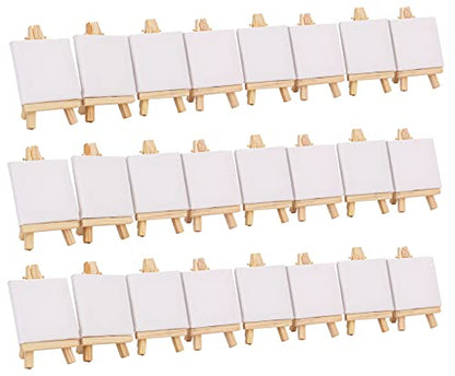 Tosnail 24 Pack 3" x 3" Mini Canvas and Easel Set, Small Art Easel Stand with Canvas Set, Tabletop Wooden Display Stand and Canvas Panels for Artist, Students, Adults, Kids Painting