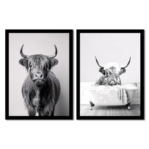 Highland Cow Bathroom Wall Art Set of 2 Framed Canvas Prints Funny Farm Animal Bathtub Artwork Black and White Rustic Modern Wall Decor Pictures with Solid Wood Frame & Acrylic Cover Cute wall decor 8X10IN - color: Highland Cow, size: 10"L x 8"W
