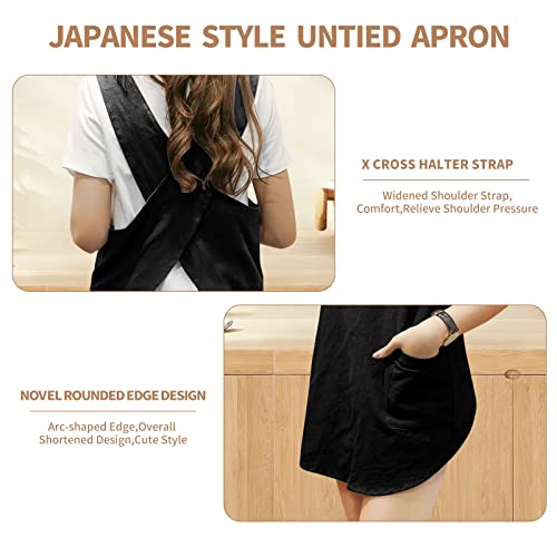 Shortened Design Apron, Japanese Style Soft Cotton Linen Apron with Two Side Pockets, X Cross Halter Aprons, Kitchen Cooking Clothes Present for Women DIY Project, Crafting, Cooking, Baking(Black) - color: Black, style: 1# Style-rounded Edge