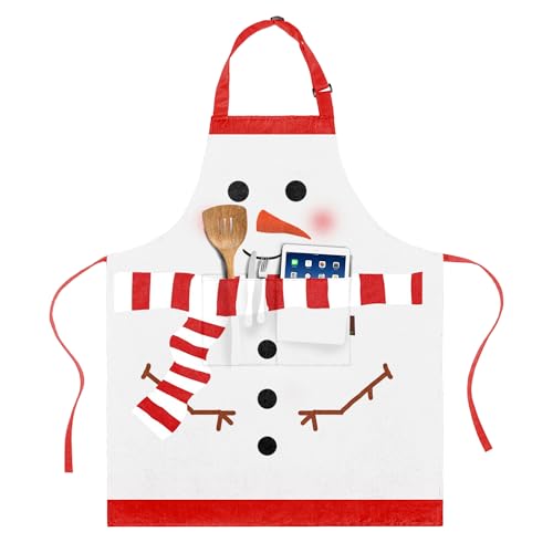BOHARERS Cute Christmas Apron White Scarf Snowman Aprons for Kitchen Adjustable Waistband Christmas Gift - color: D-01 Pack Cute Snowman