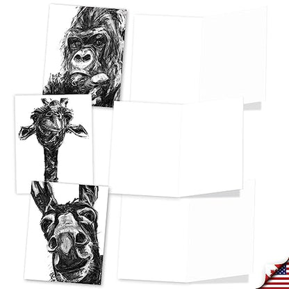 The Best Card Company - 10 Assorted Blank All Occasions Notecards Boxed Set 4 x 5.12 Inch with Envelopes (10 Designs, 1 Each) Boxed Assorted Kid Cards of Pets - CHARCOAL ANIMALS M2956OCB - style: Charcoal Animals
