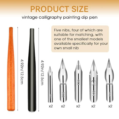 12PCS Comic Pen Nibs for Drawing, Oblique Calligraphy Dip Fluid Writer Pens, Wooden Drawing Pens Holder with 10 PCS Stainless Steel Pen Replacement Nibs Nib for Writing, Painting, Signing, Sketch - color: Brown + Black
