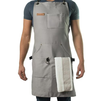 Asaya Chef and BBQ Apron with Bottle Opener and Hand Towel - 10oz Cotton Canvas, Stainless Steel Hardware - Cross Back Straps - color: Grey