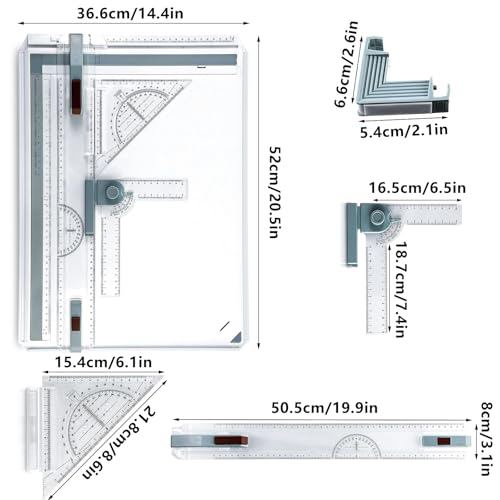 A3 Portable Drawing Table Board with Clear Rule Parallel Motion and Angle Adjustable Measuring System, Multi-Function Metric Drawing Board Drafting Table for Engineering Students