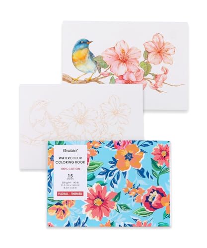 Grabie Floral Watercolor Coloring Book, 100% Cotton Watercolor Paper Pad, 15 Sheets 300 GSM Cold Press Painting Pages for Adults, Beginners, Artists, Flower Coloring Book for Watercolor Practice - color: Floral