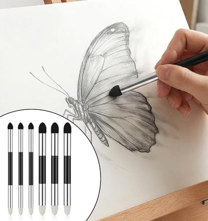 6 Pcs Oil Pastel Blending Tools, Reusable Washable Blending Stumps for Drawing Dual Tip Artist Sponge Pen Set for Sketch Shading, Smudging & Highlighting (Black & White)