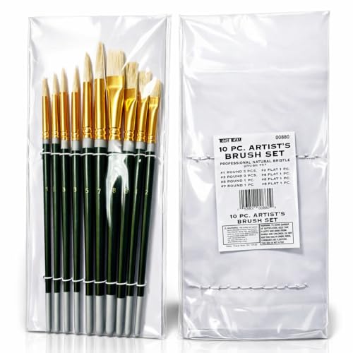 Artist's 100% Natural Hog Hair Bristle Paint Brush Set, 10 Brushes, 6 Round, 4 Flat, Comfortable Handles, for Oil, Acrylic, Watercolor, Tempera, by Tech Team
