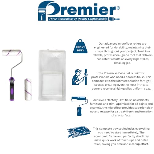 Premier, 44361, 4-Piece 4" Microfiber Mini Paint Roller Kit | Complete 4-piece kit featuring 4" microfiber mini paint rollers engineered for maximum paint pick-up and a flawless finish
