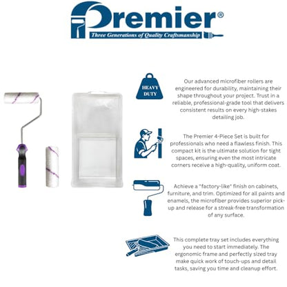 Premier, 44361, 4-Piece 4" Microfiber Mini Paint Roller Kit | Complete 4-piece kit featuring 4" microfiber mini paint rollers engineered for maximum paint pick-up and a flawless finish