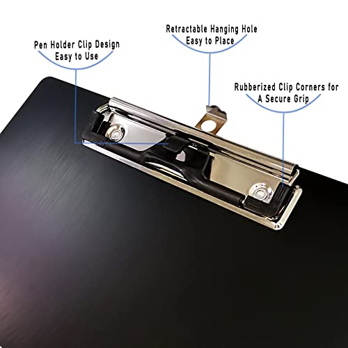 Aluminum Metal Clipboard Stainless Hangable Pen Holder Low-Profile Clip Board Size A4 9" x 12.6" with Sticky Note for School Office Business Medical Professionals Workshop Factory (Black, Aluminum-A4) - style: Black