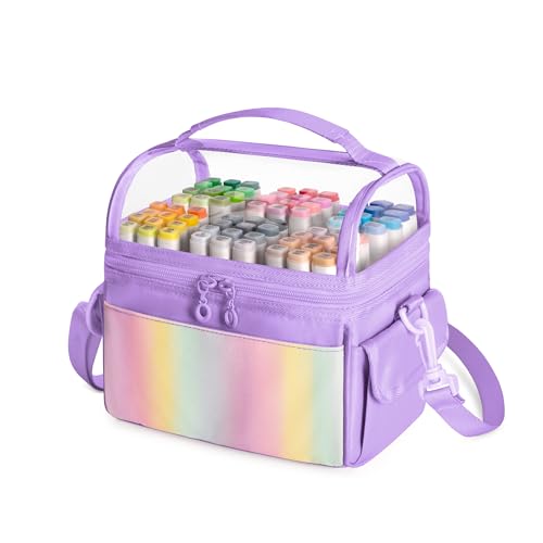 GRAOSO Marker Organizer Case for up to 72 Markers, Marker Storage Bag with Detachable Divider and 3 Extra Pockets, PVC Top Easy Find Your Need, Handle and Shoulder Strap, Purple (Case Only) - color: Purple