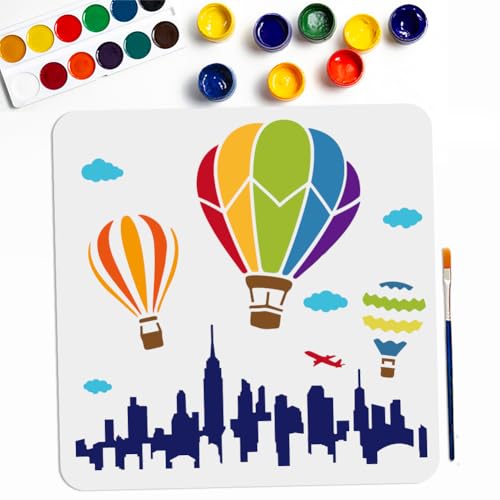 MAYJOYDIY City Hot Air Balloon Stencils 11.8×11.8inch Modern Skyscraper Skyline Stencil with Paint Brush City Buildings Cloud Aircraft Travel Template for Canvas Wall Furniture Decor DIY Crafts - color: City Hot Air Balloon