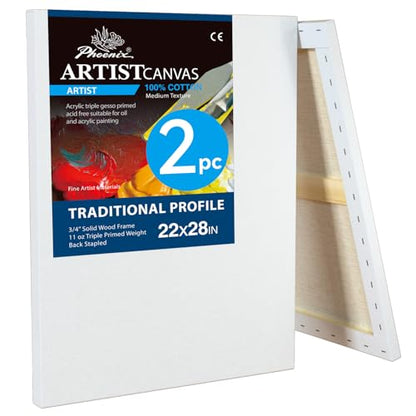 PHOENIX 22x28 Inch 2 Pack Artist Canvas - Extra Large Stretched Canvases for Painting - 3/4 Inch Profile, 100% Cotton 11 Oz. Gesso Primed White Blank Professional Canvas Oil & Acrylic Paints - size: 22"x28", style: Traditional