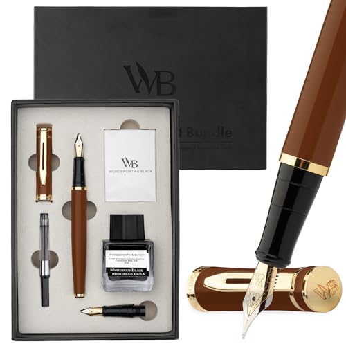Wordsworth & Black Fountain Pen Set, 18K Gilded Medium and Extra Fine Nib, 25ML Black Bottle, 6 Ink Cartridges, Refill Converter, Smooth Writing Pens [Brown Gold], Gift Set for Men and Women - color: Brown Gold