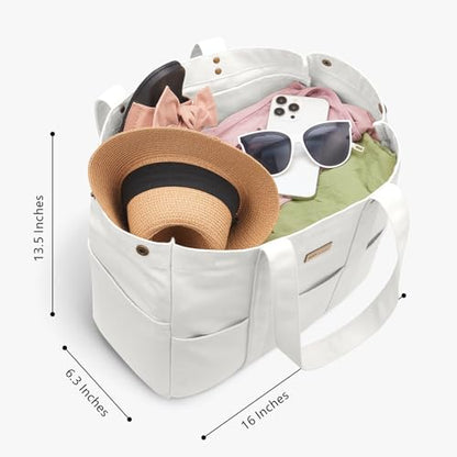 TOPDesign Large Canvas Tote Bag for Women, Shoulder Bag with Laptop Sleeve & Pockets, Everything Tote for Travel, Work (White) - color: White