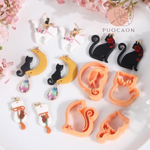 Puocaon Cats Polymer Clay Cutters - 16 Pcs Small Cat Stud Clay Cutters for Earrings, Hanging Cat Dangle Earrings Polymer Clay Cutters, Cute Kitten Gesture Clay Cutters