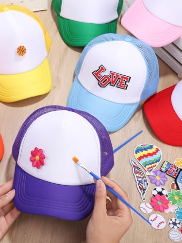 Aneco DIY Blank Trucker Hats Kit Adjustable Baseball Caps | Embroidered Patches, Paint Tools Included, Craft Kit, Sports Events, Group Activity, Party Favor - color: Multicolor