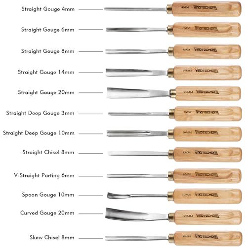 12-Pieces Woodworking Wood Carving Tools Chisel Set with Canvas Bag, Razor Sharp CR-V 60 Steel Blades - size: 12-Pieces with Ash Handle